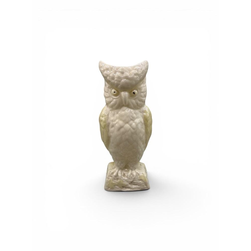 Belleek Ireland Horned Owl Figurine Green Mark 8" Vintage Parian China Vase